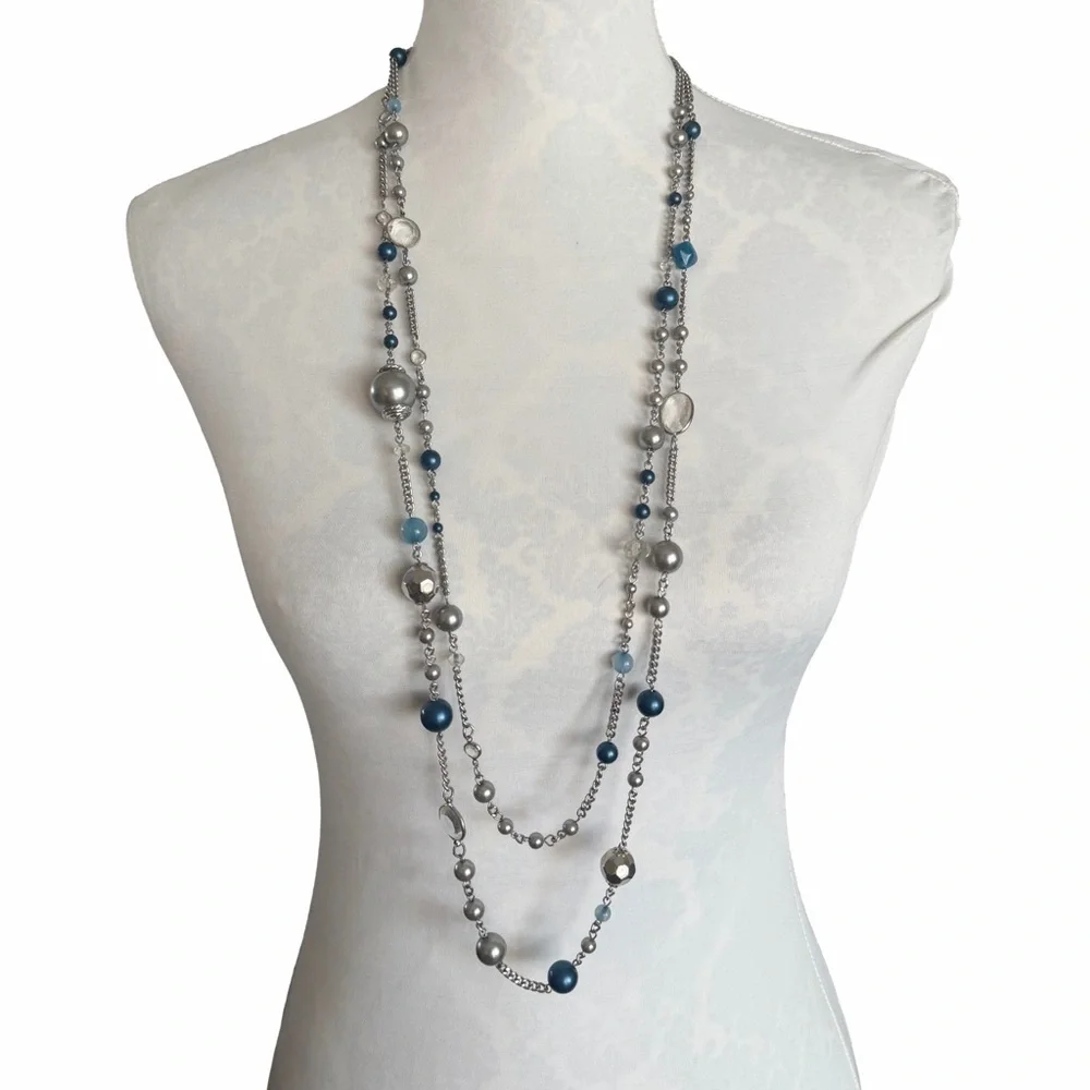 Silver Tone & Blue Beaded Long Necklace | Station Necklace